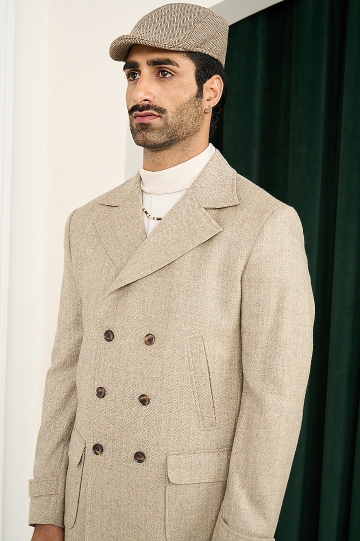 Beige Wool Herringbone Double-Breasted Blazer by Gargee Designers at Pernia's Pop Up Shop