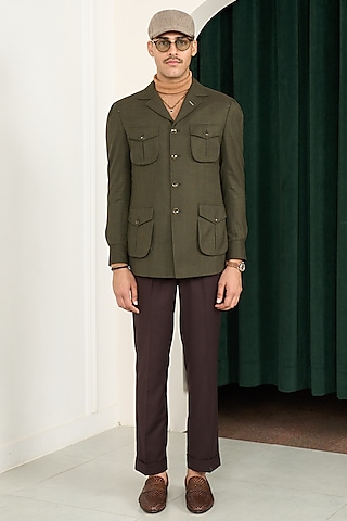 Olive Green Wool Herringbone Blazer by Gargee Designers