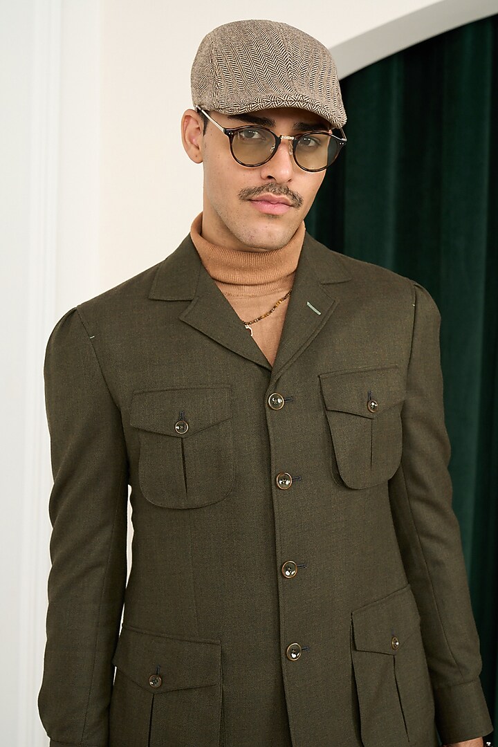 Olive Green Wool Herringbone Blazer by Gargee Designers at Pernia's Pop Up Shop