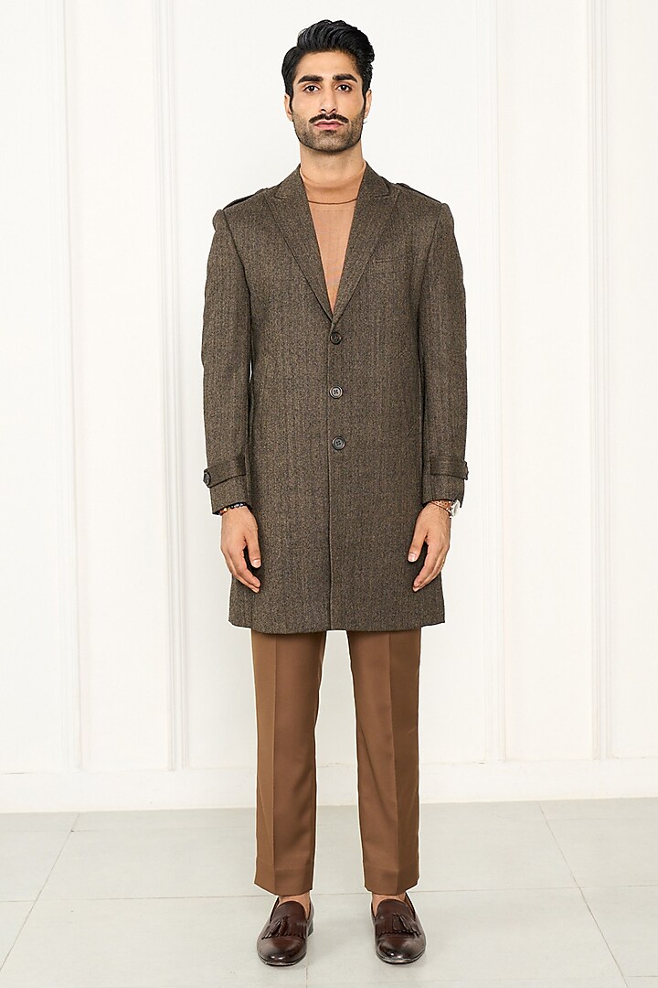 Brown Wool Herringbone Long Coat by Gargee Designers