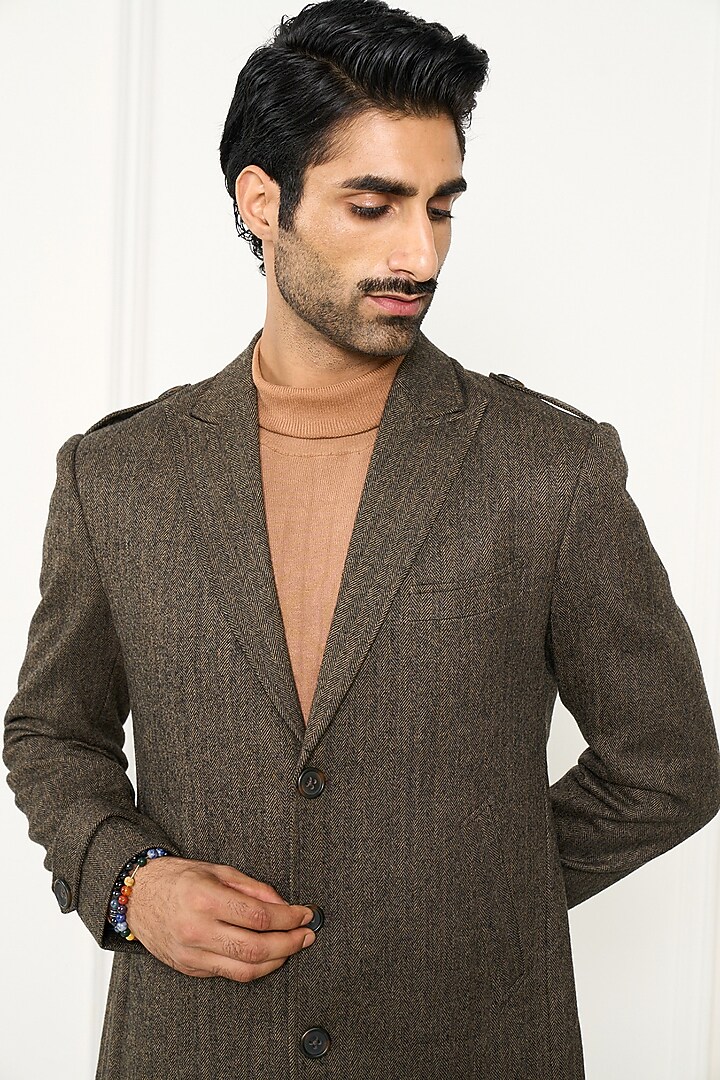 Brown Wool Herringbone Long Coat by Gargee Designers at Pernia's Pop Up Shop