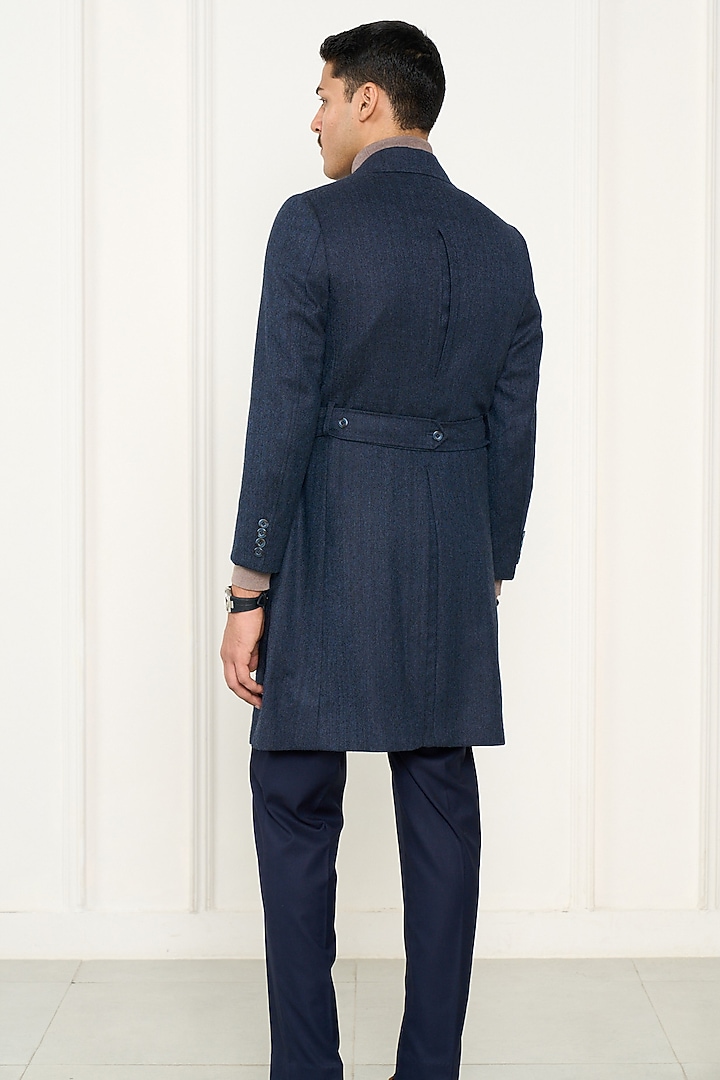 Blue Wool Herringbone Long Coat by Gargee Designers at Pernia's Pop Up Shop