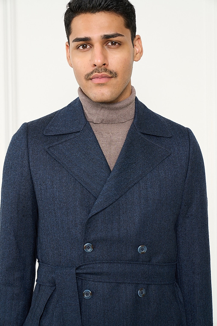 Blue Wool Herringbone Long Coat by Gargee Designers at Pernia's Pop Up Shop