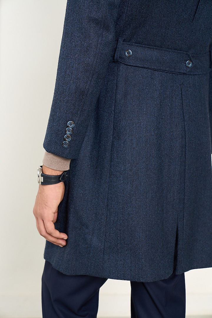 Blue Wool Herringbone Long Coat by Gargee Designers at Pernia's Pop Up Shop