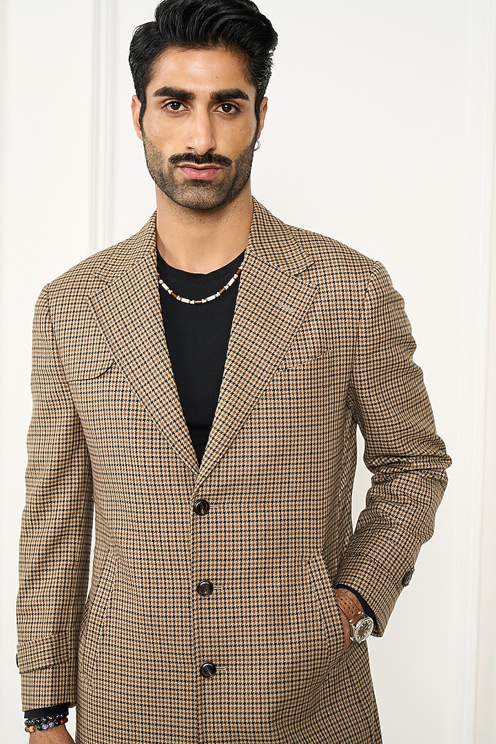 Brown & Black Terry Wool Houndstooth Trench Coat by Gargee Designers at Pernia's Pop Up Shop