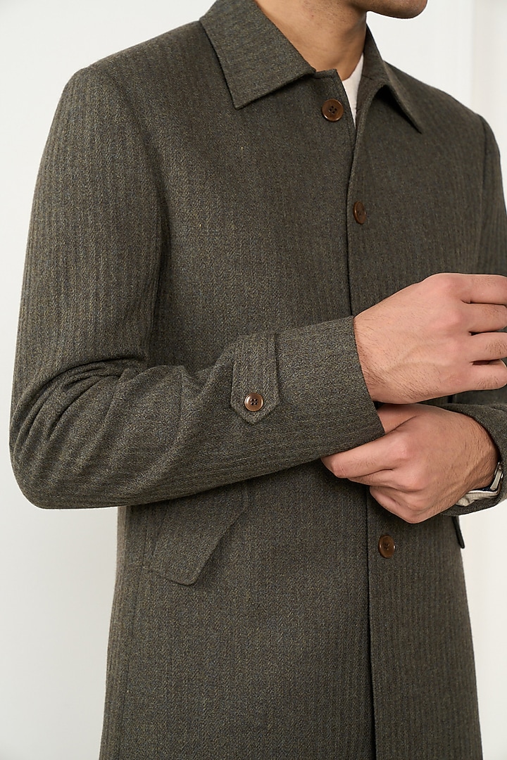 Olive Green Wool Long Coat by Gargee Designers at Pernia's Pop Up Shop