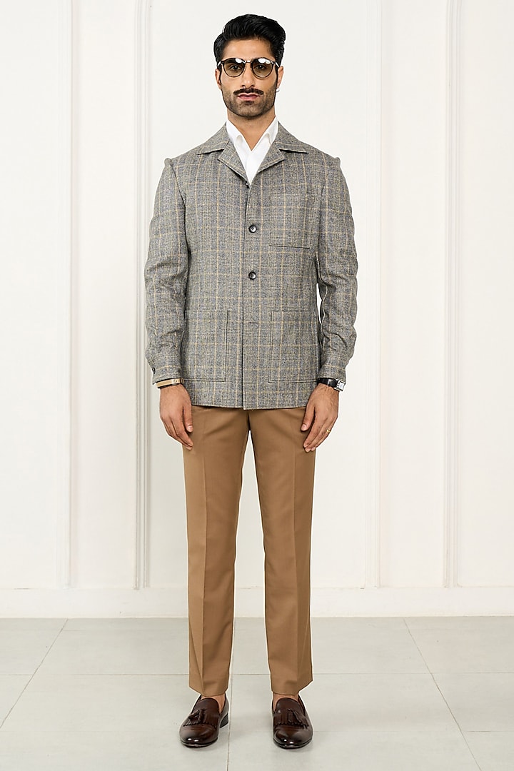 Grey Wool Flannel Checkered Shacket by Gargee Designers