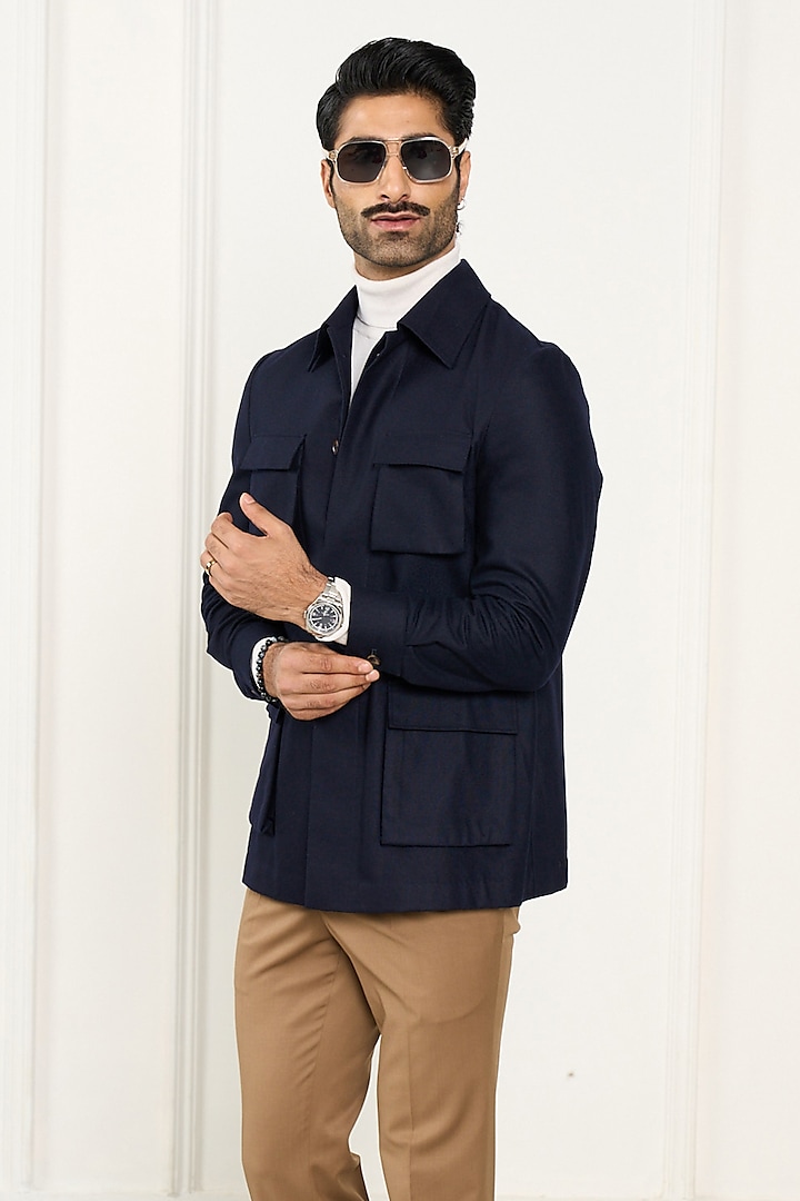 Navy Blue Wool Flannel Shacket by Gargee Designers