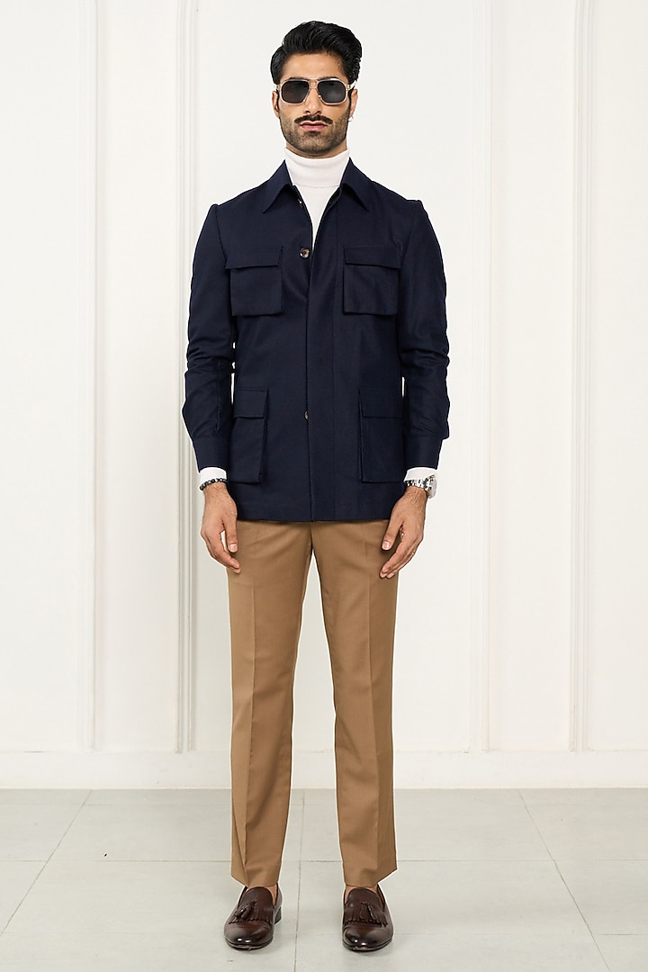 Navy Blue Wool Flannel Shacket by Gargee Designers at Pernia's Pop Up Shop