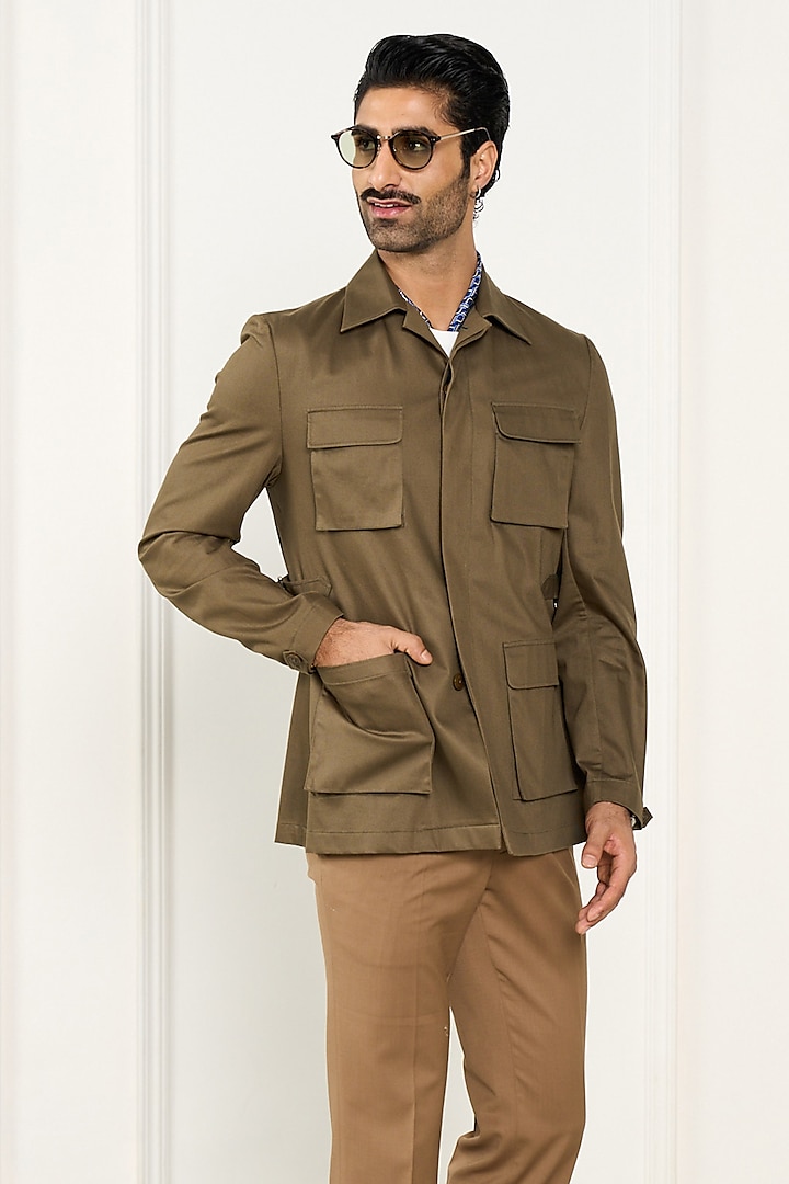 Khaki Pure Cotton Shacket by Gargee Designers