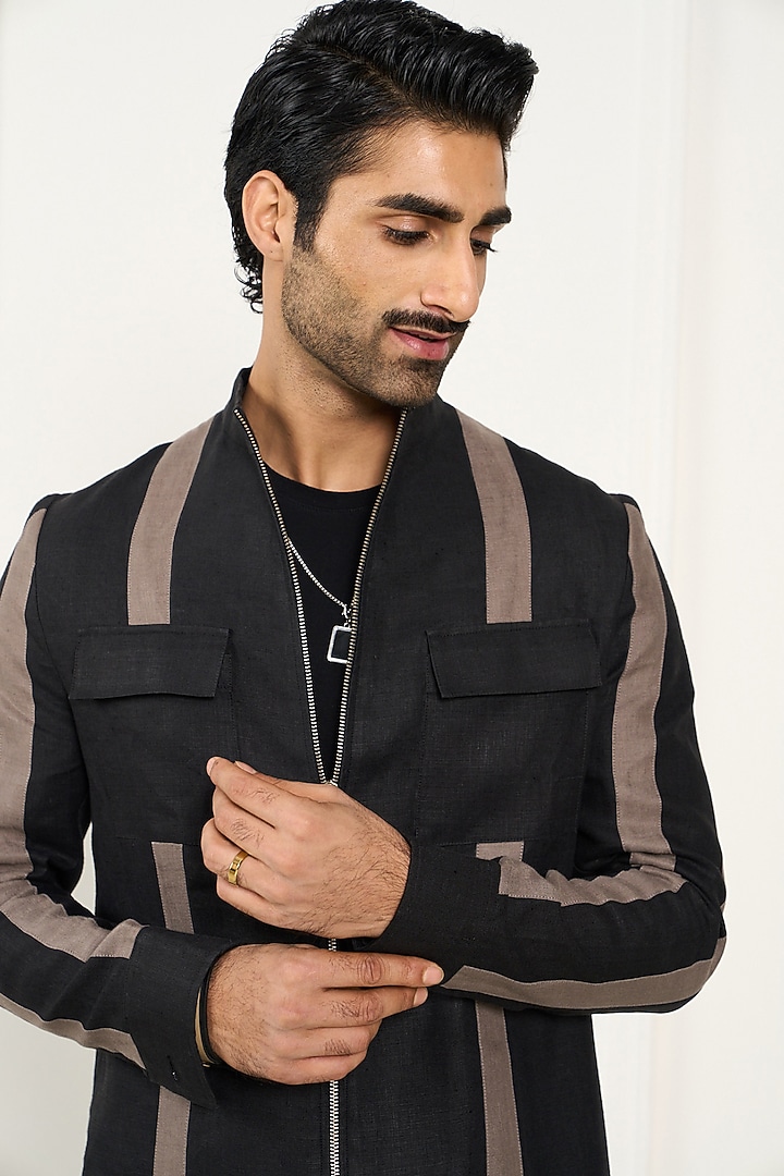 Black & Grey Linen Striped Shacket by Gargee Designers at Pernia's Pop Up Shop