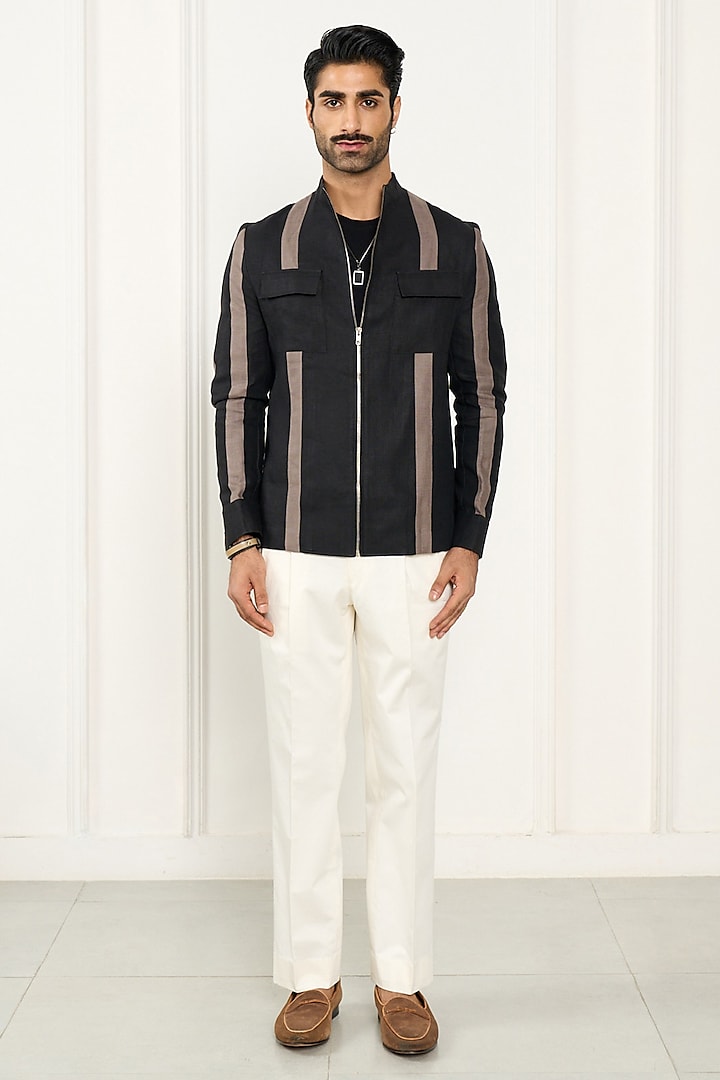 Black & Grey Linen Striped Shacket by Gargee Designers at Pernia's Pop Up Shop