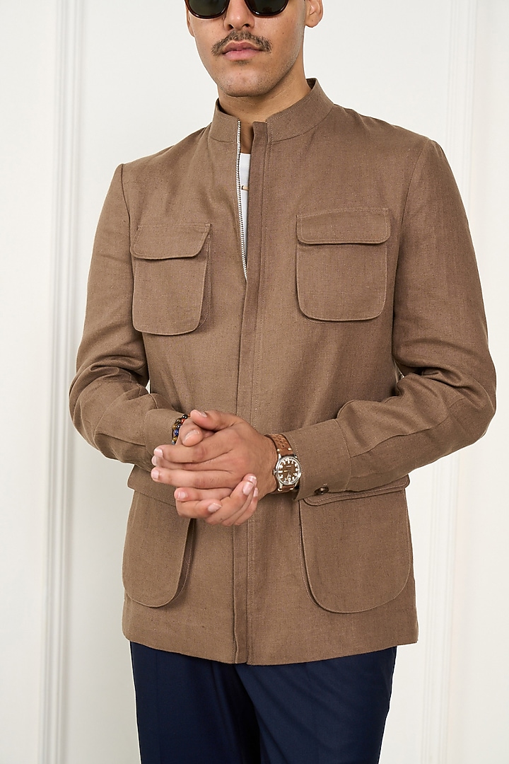Khaki Linen Shacket by Gargee Designers at Pernia's Pop Up Shop