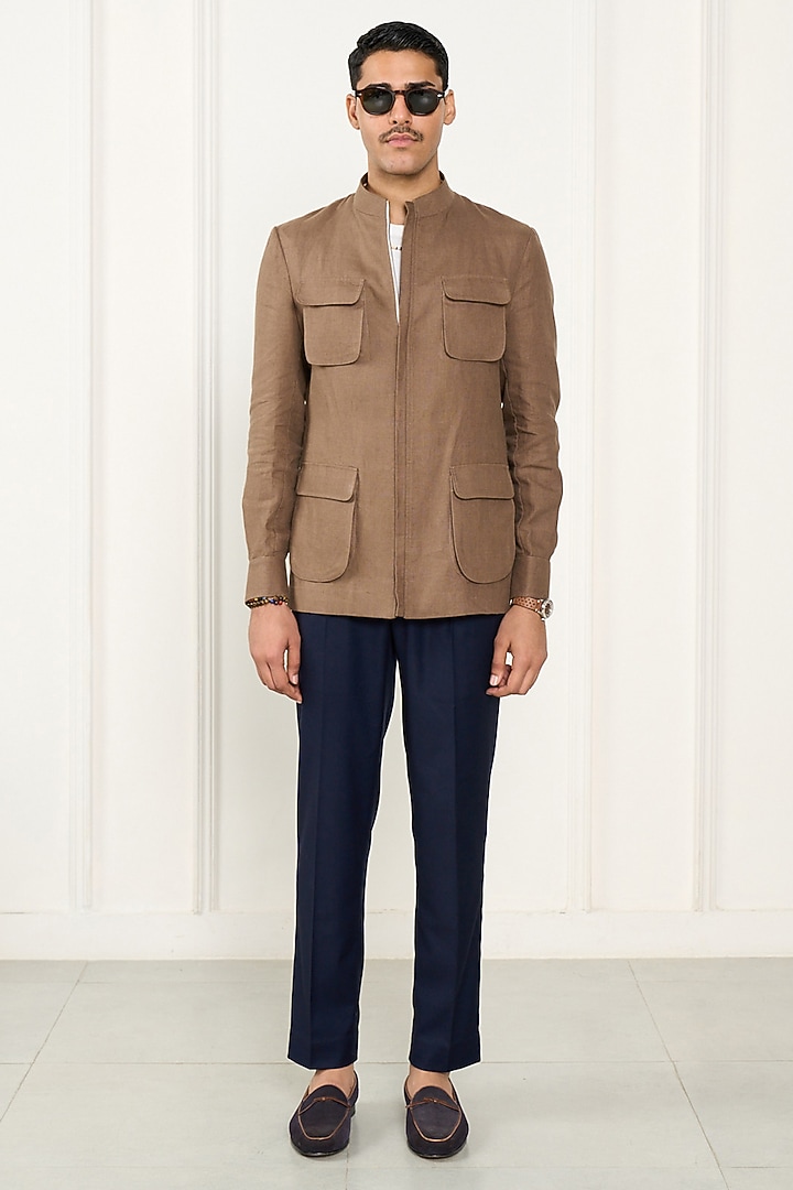 Khaki Linen Shacket by Gargee Designers at Pernia's Pop Up Shop