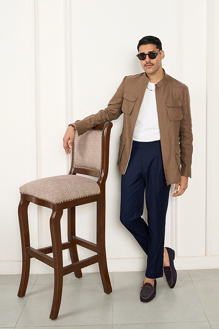 Khaki Linen Shacket by Gargee Designers at Pernia's Pop Up Shop