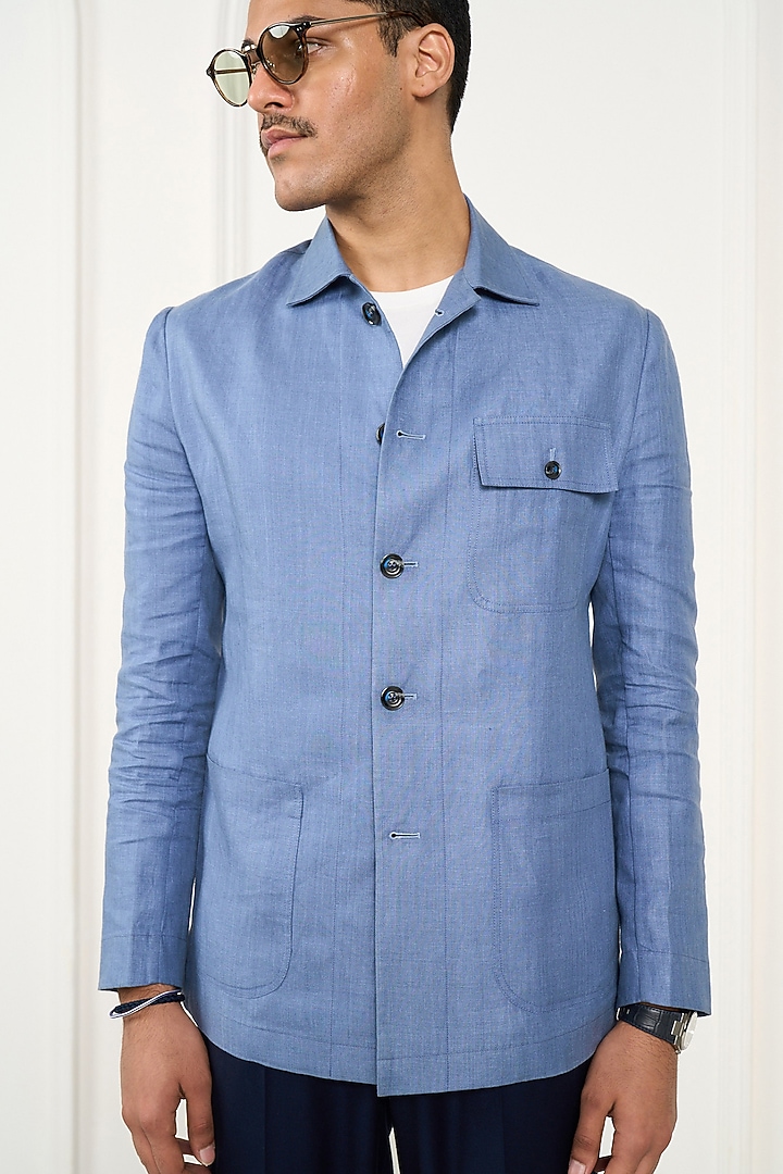 Light Blue Linen Shacket by Gargee Designers at Pernia's Pop Up Shop