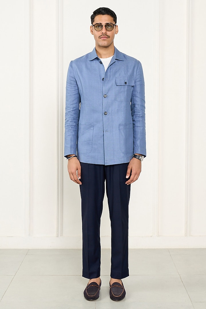 Light Blue Linen Shacket by Gargee Designers at Pernia's Pop Up Shop
