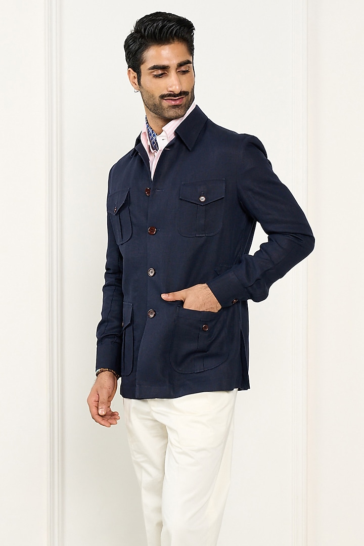 Navy Blue Linen Shacket by Gargee Designers