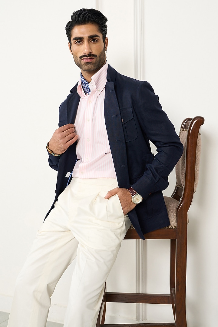 Navy Blue Linen Shacket by Gargee Designers at Pernia's Pop Up Shop