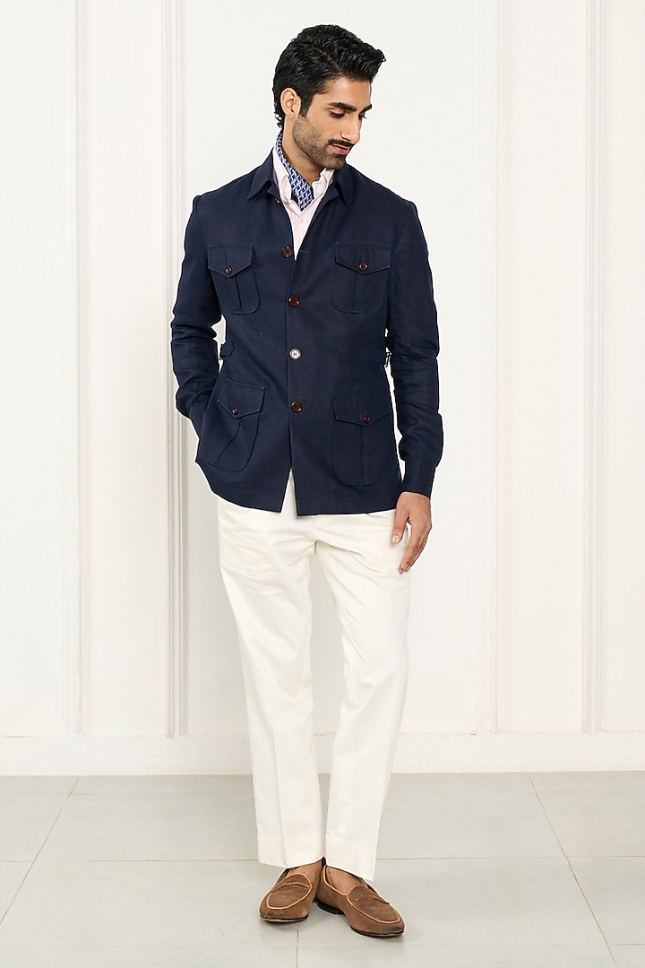Navy Blue Linen Shacket by Gargee Designers at Pernia's Pop Up Shop