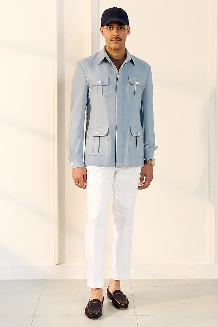 Sky Blue Poly Viscose Lycra Shacket by Gargee Designers at Pernia's Pop Up Shop