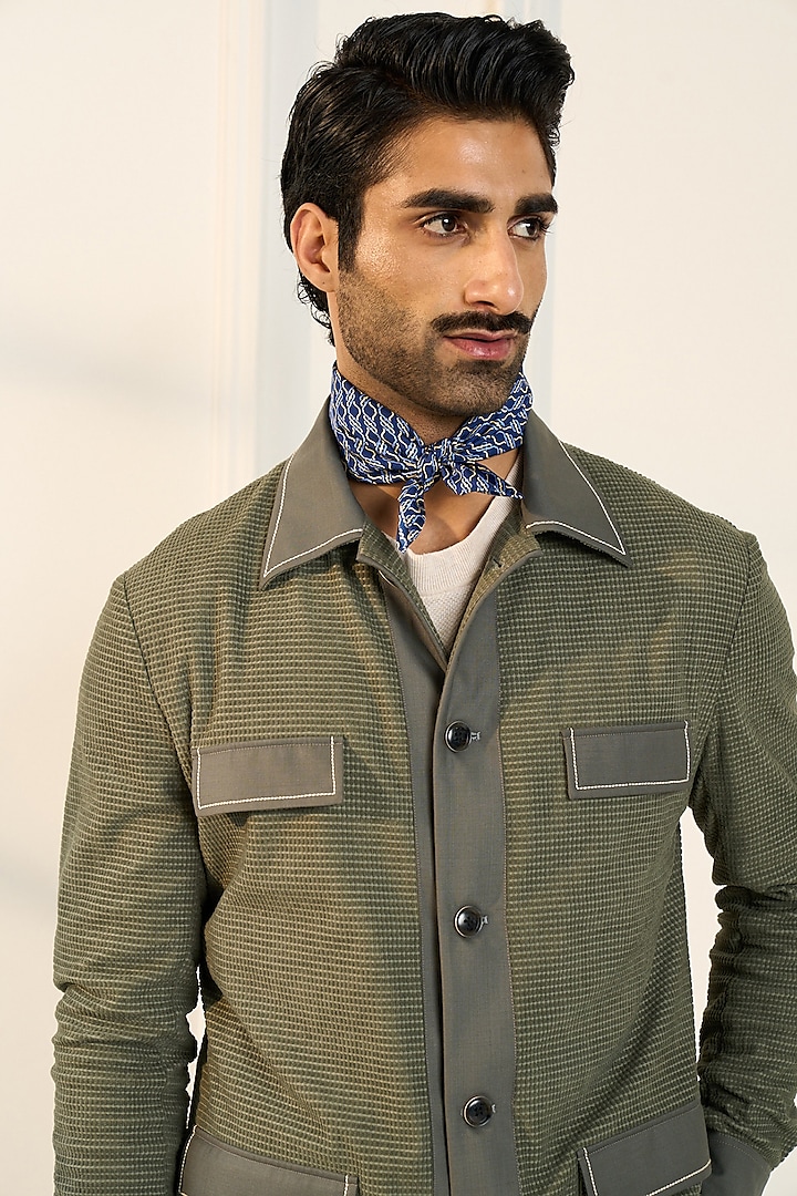 Olive Green Poly Viscose Mesh Corduroy Shacket by Gargee Designers at Pernia's Pop Up Shop