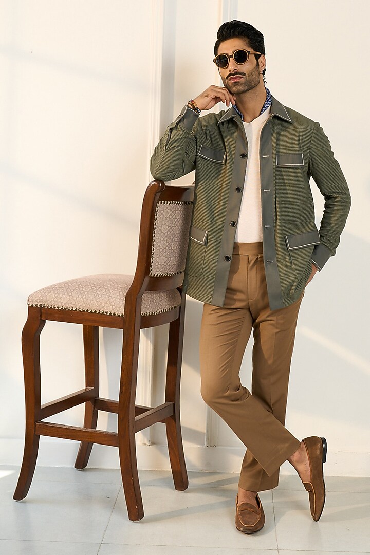 Olive Green Poly Viscose Mesh Corduroy Shacket by Gargee Designers at Pernia's Pop Up Shop