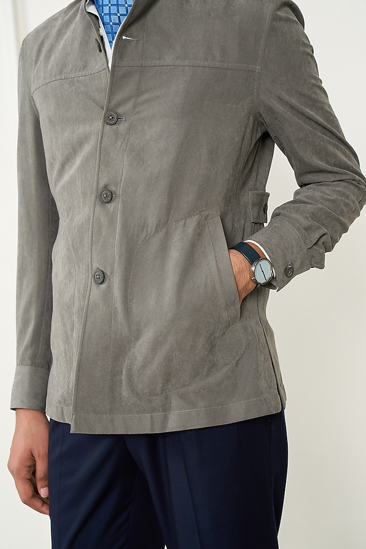 Matte Grey Suede Shacket by Gargee Designers at Pernia's Pop Up Shop