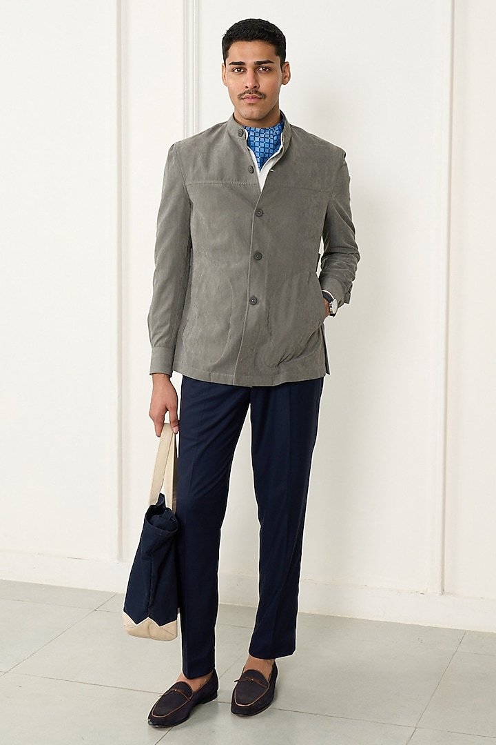 Matte Grey Suede Shacket by Gargee Designers at Pernia's Pop Up Shop