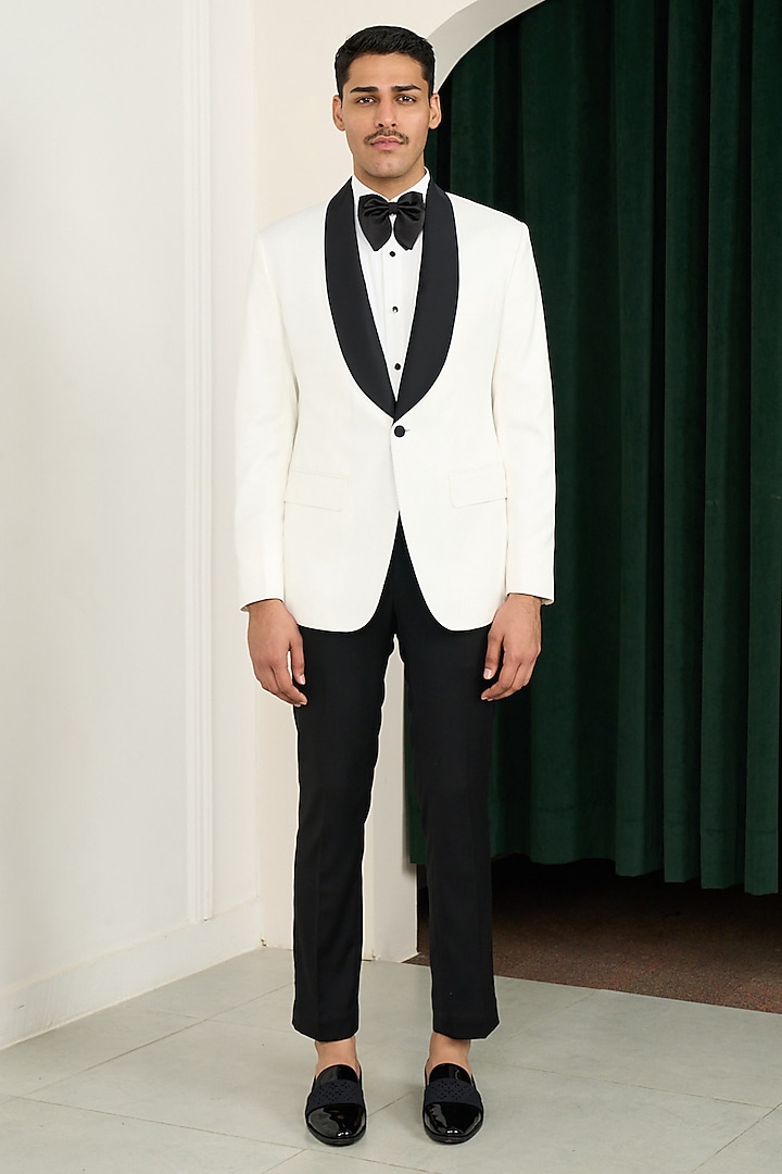 White Poly Wool Tuxedo Set by Gargee Designers