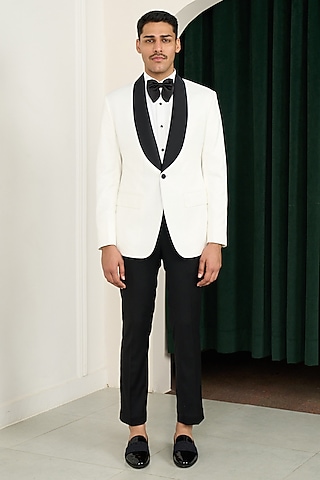 White Poly Wool Tuxedo Set by Gargee Designers