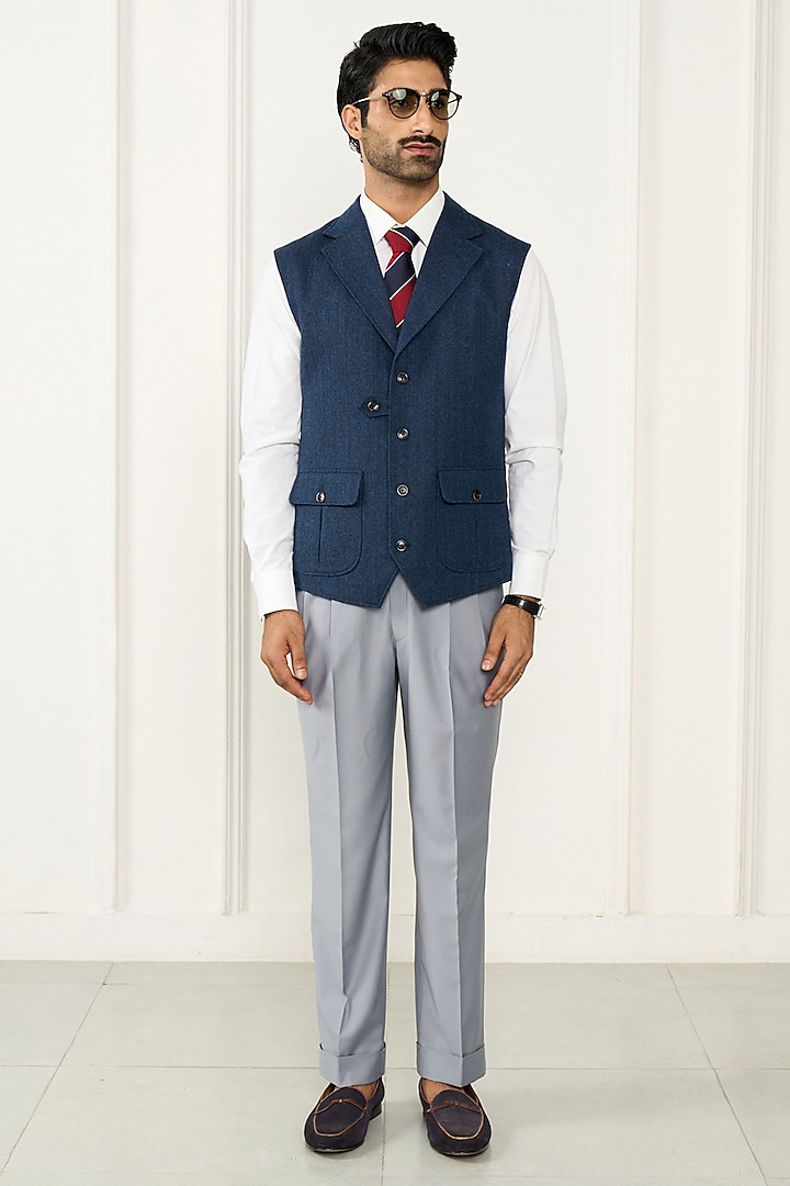 Navy Blue Wool Herringbone Waistcoat by Gargee Designers at Pernia's Pop Up Shop