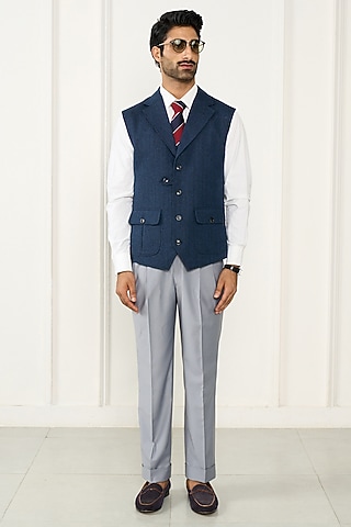 Navy Blue Wool Herringbone Waistcoat by Gargee Designers