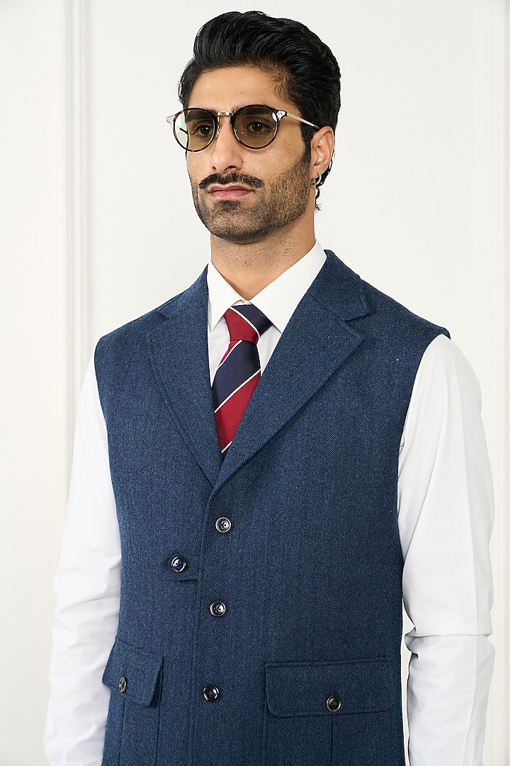 Navy Blue Wool Herringbone Waistcoat by Gargee Designers at Pernia's Pop Up Shop