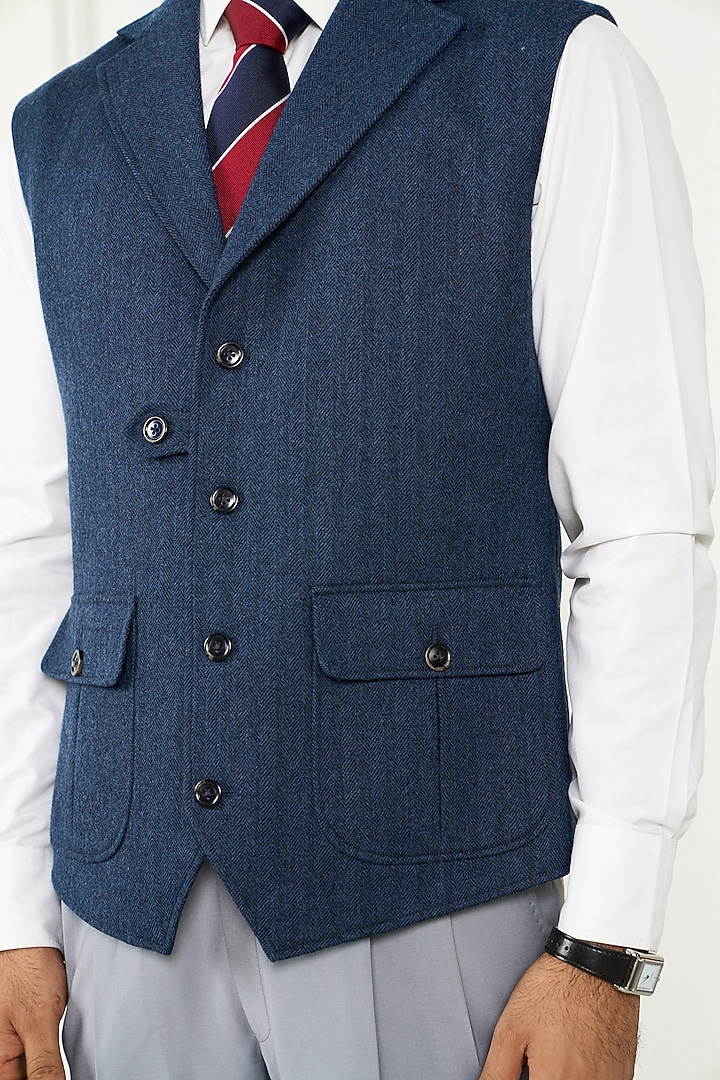 Navy Blue Wool Herringbone Waistcoat by Gargee Designers at Pernia's Pop Up Shop