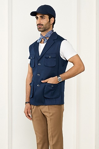 Navy Blue Cotton Waistcoat by Gargee Designers