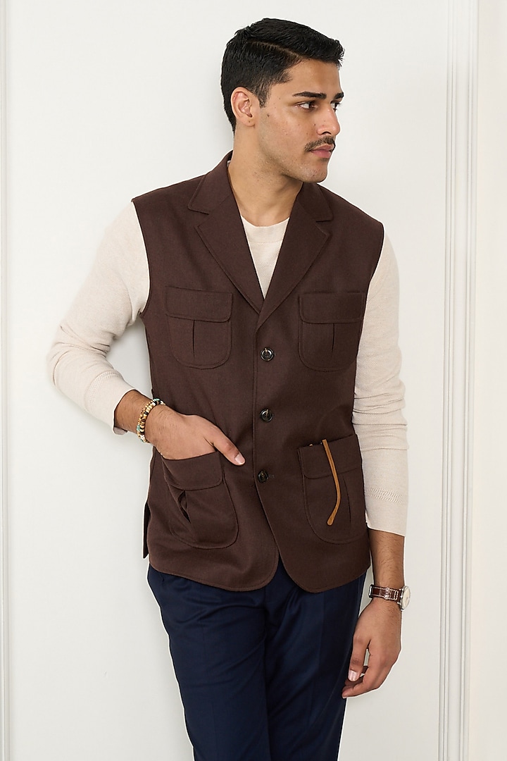 Chocolate Brown Wool Flannel Waistcoat by Gargee Designers at Pernia's Pop Up Shop