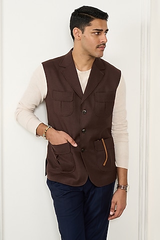 Chocolate Brown Wool Flannel Waistcoat by Gargee Designers
