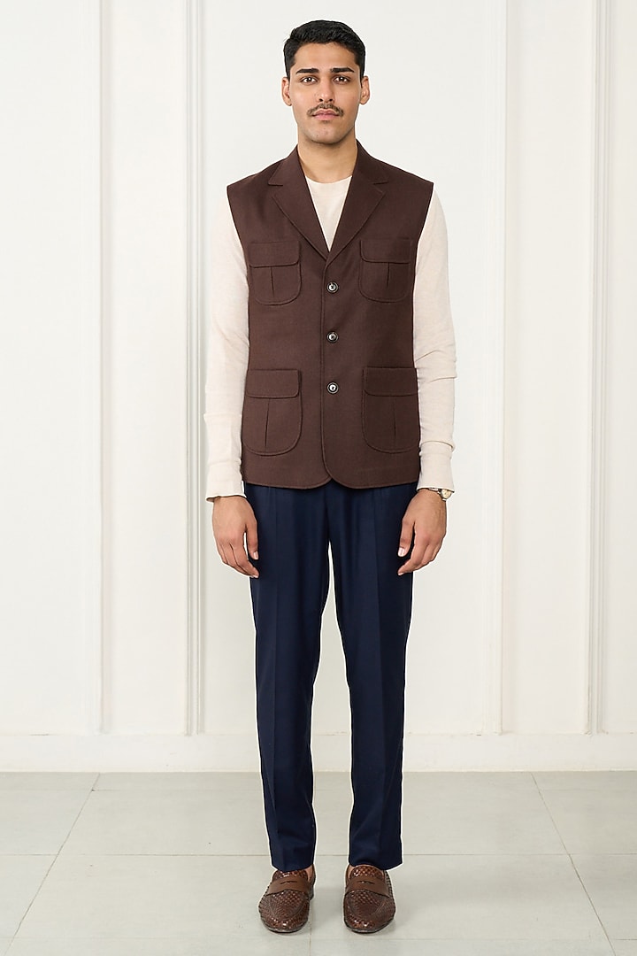 Chocolate Brown Wool Flannel Waistcoat by Gargee Designers at Pernia's Pop Up Shop