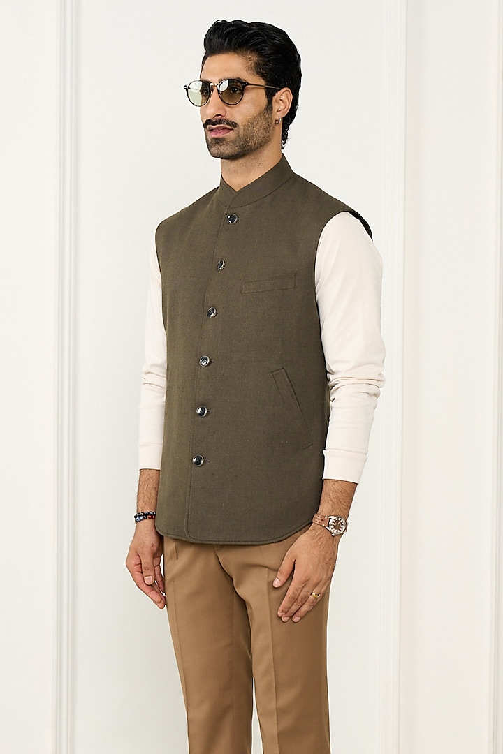 Olive Green Linen Waistcoat by Gargee Designers