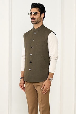 Olive Green Linen Waistcoat by Gargee Designers