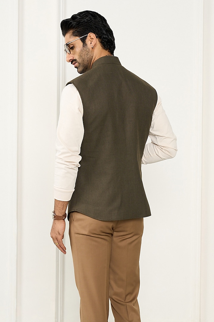 Olive Green Linen Waistcoat by Gargee Designers at Pernia's Pop Up Shop