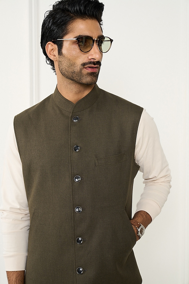 Olive Green Linen Waistcoat by Gargee Designers at Pernia's Pop Up Shop