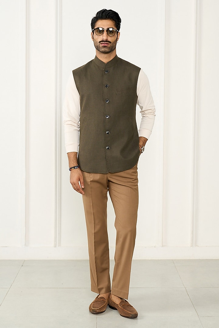 Olive Green Linen Waistcoat by Gargee Designers at Pernia's Pop Up Shop