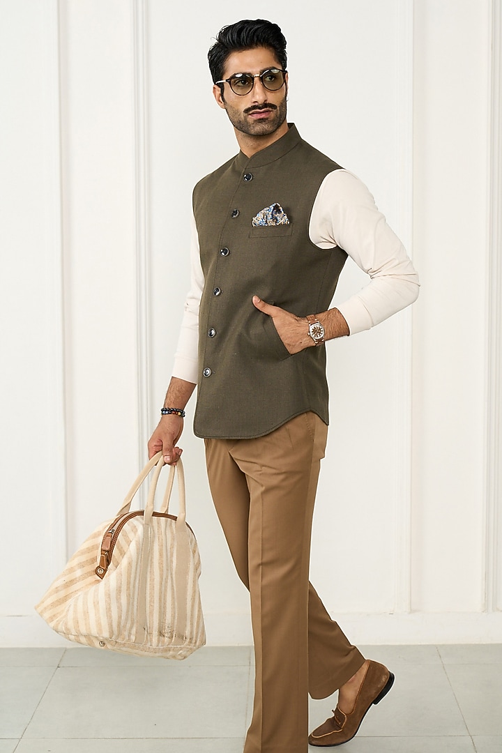 Olive Green Linen Waistcoat by Gargee Designers at Pernia's Pop Up Shop
