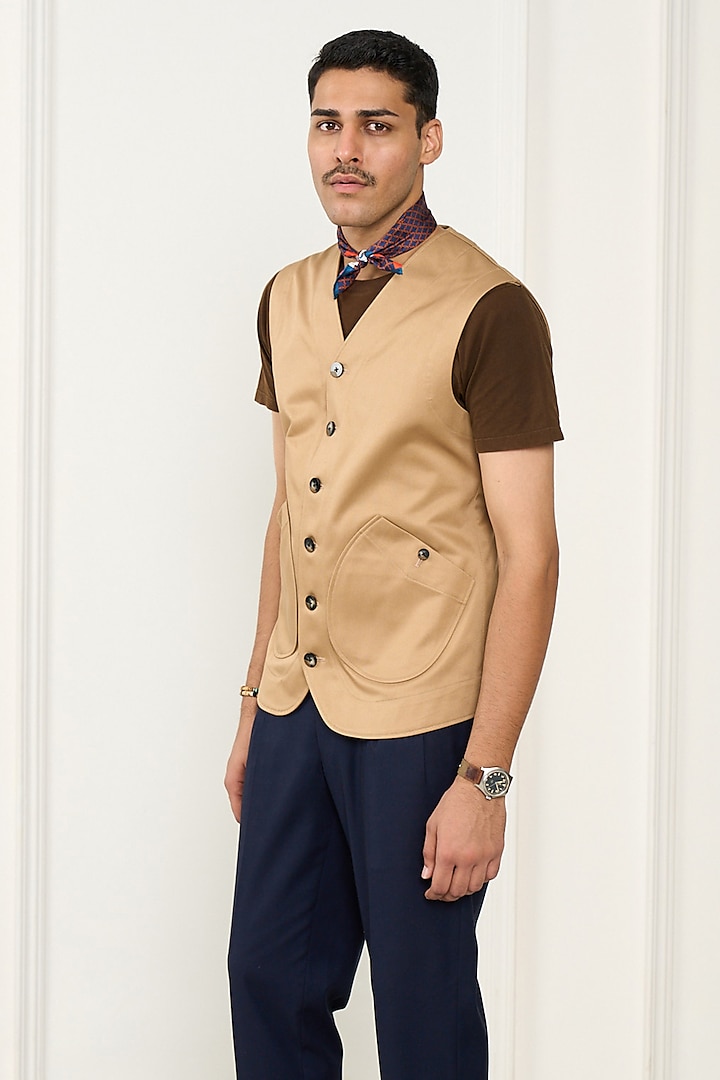 Beige Cotton Waistcoat by Gargee Designers