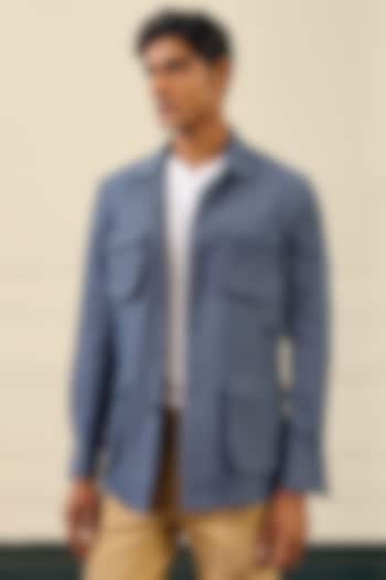 Indigo Blue Cotton Suiting Shacket by Gargee Designers at Pernia's Pop Up Shop