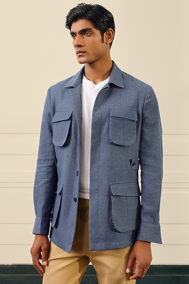 Indigo Blue Cotton Suiting Shacket by Gargee Designers at Pernia's Pop Up Shop