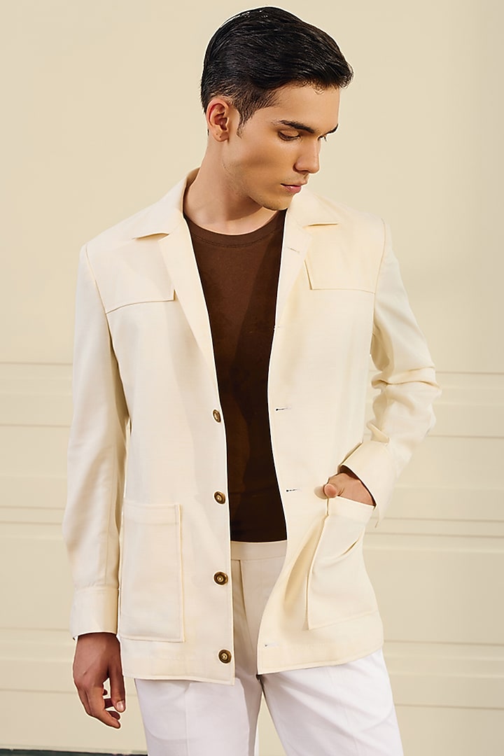 Off-White Stretchable Poly Viscose Shacket by Gargee Designers at Pernia's Pop Up Shop