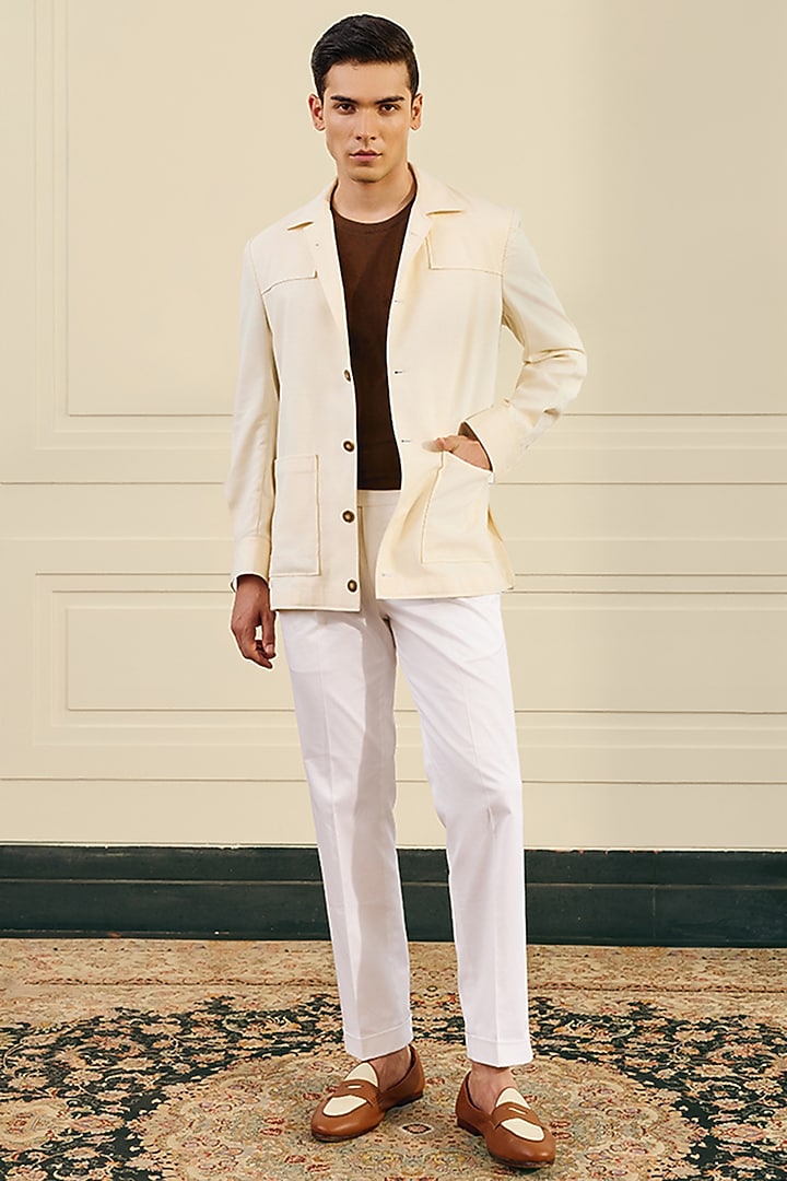 Off-White Stretchable Poly Viscose Shacket by Gargee Designers at Pernia's Pop Up Shop